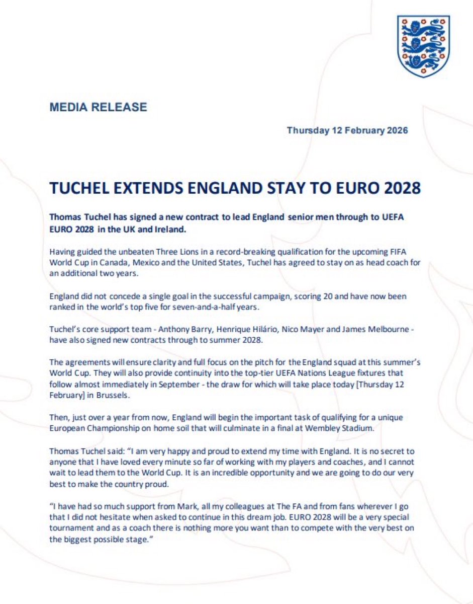 Thomas Tuchel's contract with England has been renewed until 2028.

• It will continue to operate until Euro 2028.

🏴󠁧󠁢󠁥󠁮󠁧󠁿🏴󠁧󠁢󠁥󠁮󠁧󠁿🏴󠁧󠁢󠁥󠁮󠁧󠁿🏴󠁧󠁢󠁥󠁮󠁧󠁿🏴󠁧󠁢󠁥󠁮󠁧󠁿🏴󠁧󠁢󠁥󠁮󠁧󠁿🏴󠁧󠁢󠁥󠁮󠁧󠁿🏴󠁧󠁢󠁥󠁮󠁧󠁿🏴󠁧󠁢󠁥󠁮󠁧󠁿🏴󠁧󠁢󠁥󠁮󠁧󠁿🏴󠁧󠁢󠁥󠁮󠁧󠁿🏴󠁧󠁢󠁥󠁮󠁧󠁿🏴󠁧󠁢󠁥󠁮󠁧󠁿🏴󠁧󠁢󠁥󠁮󠁧󠁿🏴󠁧󠁢󠁥󠁮󠁧󠁿