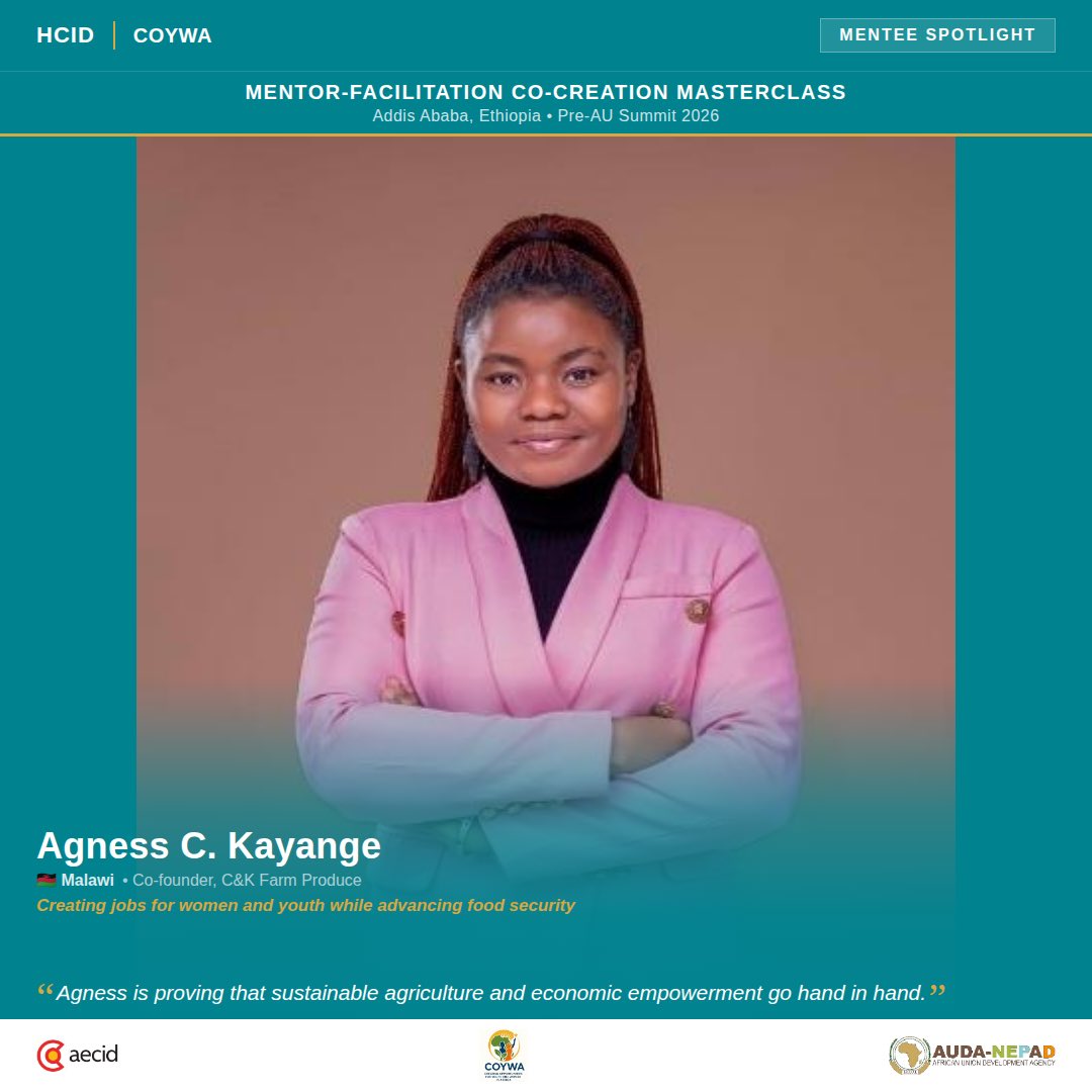 5/15 Spotlight 5: Agness Chimwemwe Kayange (Malawi)

Agness is proving that sustainable agriculture and economic empowerment go hand in hand. As co-founder of C&amp;K Farm Produce, she operates an integrated, closed-loop farming model combining maize and rice production with poultry
