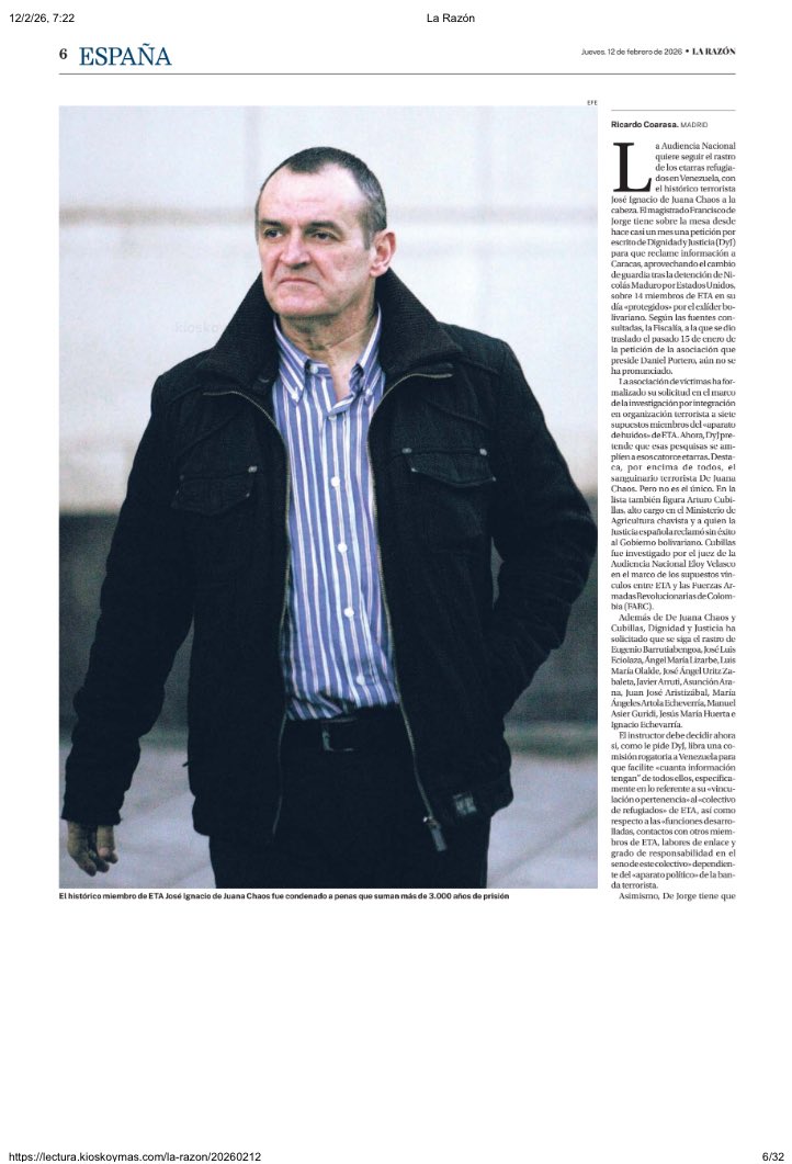 daniel_portero's tweet image. Desde @AsociacinDigni2 seguimos trabajando para traer a España a los huidos de ETA con decenas de asesinatos sin esclarecer y, cuya gran mayoría, se ubican bajo el paraguas del régimen socialista bolivariano en Venezuela. @ricardocoarasa @larazon_es