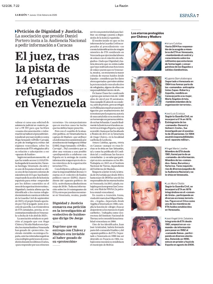 daniel_portero's tweet image. Desde @AsociacinDigni2 seguimos trabajando para traer a España a los huidos de ETA con decenas de asesinatos sin esclarecer y, cuya gran mayoría, se ubican bajo el paraguas del régimen socialista bolivariano en Venezuela. @ricardocoarasa @larazon_es