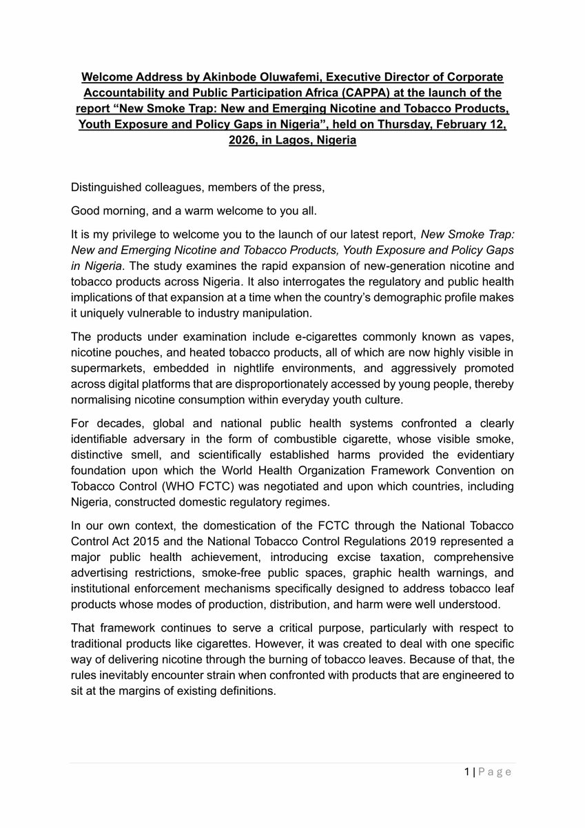 Welcome Address by Akinbode Oluwafemi, Executive Director of Corporate Accountability and Public Participation Africa (CAPPA) at the launch of the report “New Smoke Trap: New and Emerging Nicotine and Tobacco Products, Youth Exposure and Policy Gaps in Nigeria”, held on Thursday,
