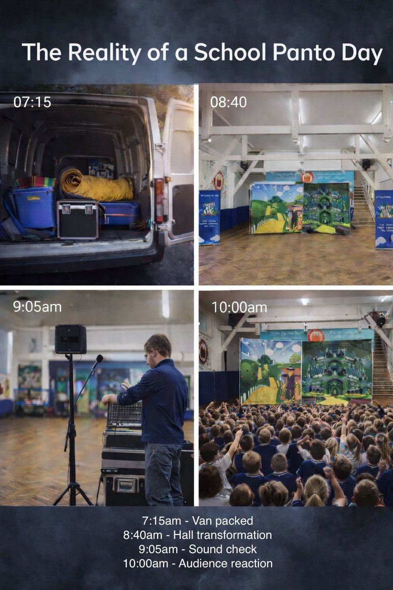 7:15am - Van packed  
8:40am - School hall transformation
9:05am - Sound check  
9:20am - Caretaker says “You’re organised!”  
10:00am - 300 children screaming 'HE’S BEHIND YOU!'
And that’s why we love it ❤️
Touring pantomime.  Simple booking.  Big impact.
#pantoinaday
