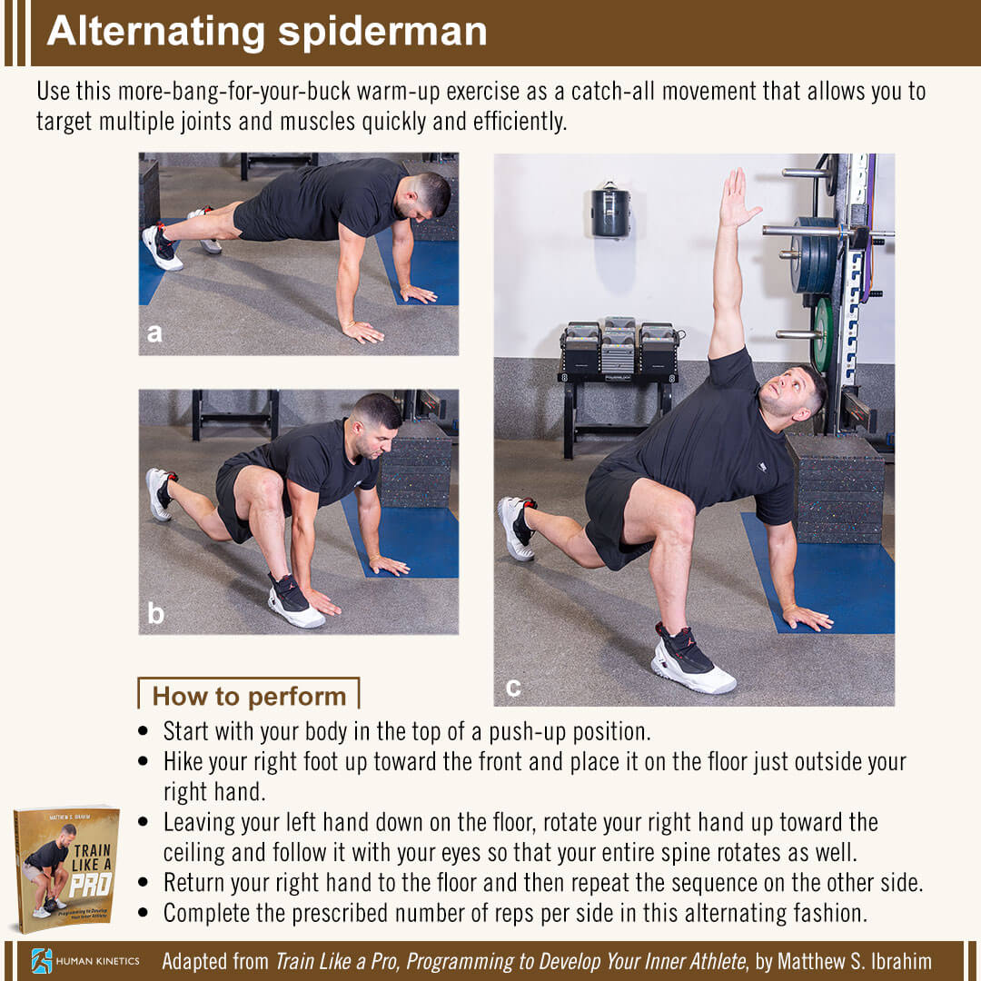 A good warm-up should do more than raise the heart rate—it should improve movement quality.

The alternating spiderman is a simple, effective catch-all drill for mobility and full-body readiness.

From Train Like a Pro by <a href="/drmattibrahim/">Dr. Matthew Ibrahim, PhD, CSCS, LMT</a>.

🔗 bit.ly/3Vm8nrO

#Warmup