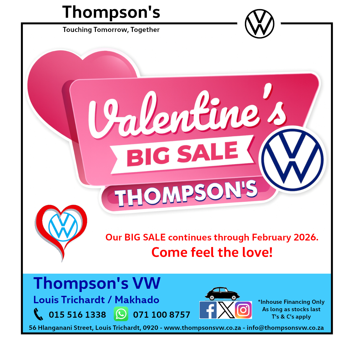 Special offers @ Thompson's VW. 
Visit our website at thompsonsvw.co.za for more. 
Email: info@thompsonsvw.co.za, 
WhatsApp: 071 100 8757, 
Tel: 015 516 1338.
#specials #promotion #thompsonsvw