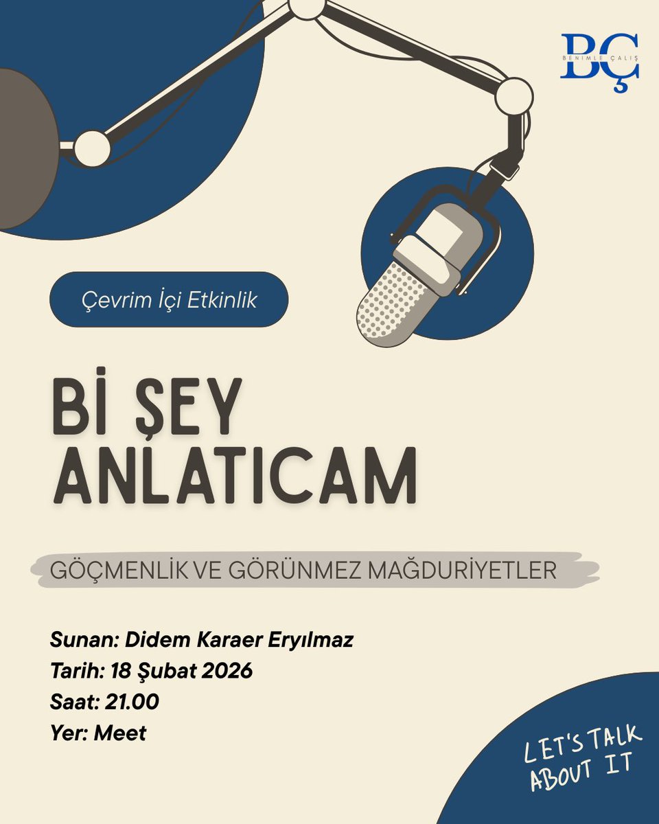 Merhabalar, “Bi Şey Anlatıcam” isimli etkinlik serimizin bu oturumunda Didem Karaer Eryılmaz hocamızdan, “Göçmenlik ve Görünmez Mağduriyetler” başlıklı sunumunu dinleyip üzerinde tartışacağız. Tüm üyelerimiz davetlidir✨

📅 18 Şubat Çarşamba
🕘 21.00
📍Google Meet