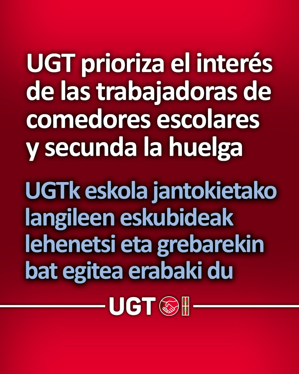 📢 UGT prioriza el interés de las trabajadoras de comedores escolares públicos y decide secundar la huelga
🔗bitl.to/5f7M

📢 UGTk eskola publikoetako jantokietako langileen interesa lehenetsi eta deitutako grebarekin bat egitea erabaki du
🔗 bitl.to/5f7L