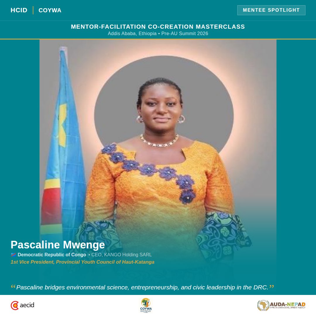 7/15 Spotlight 7: Pascaline Mwenge (DRC)

Pascaline bridges environmental science, entrepreneurship, and civic leadership. A trained chemist and environmental management expert, she is CEO of KANGO Holding SARL, specializing in construction, civil engineering, and community
