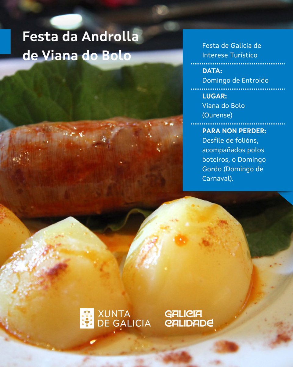 Turgalicia's tweet photo. O Entroido sabe a gloria!
Cocido, lacón, androlla, botelo, orella, cacheira, cabrito, filloas, orellas, flores, bica…

Proximamente:
🐐 Sábado 14 – Festa do Cabrito | Vilariño do Conso
🐷 Domingo 15 – Festa da Androlla | Viana do Bolo
🥞 Domingo 22 – Festa das Filloas | Lestedo
🍲 Domingo 22 – Festa do Lacón con Grelos | Cuntis

Marca no calendario e ven degustar do Entroido Gastronómico.

 ¡El Entroido sabe a gloria!
Cocido, lacón, androlla, botelo, oreja, cacheira, cabrito, filloas, orellas, flores, bica…

Próximamente: 
🐐Sábado 14 - Festa do Cabrito I Vilariño do Conso
🐷 Domingo 15 – Festa da Androlla | Viana do Bolo
 🥞 Domingo 22 – Festa da Filloas | Lestedo
🍲 Domingo 22 – Festa del Lacón con Grelos | Cuntis

Marca tu calendario y ven a disfrutar del Entroido Gastronómico.

Entroido tastes like heaven!
Cocido, lacón, androlla, botelo, pork ear, cacheira, kid goat, filloas, orellas, flores, bica…

Coming soon:
🐐 Saturday 14 – Kid Goat Festival | Vilariño do Conso
🐷 Sunday 15 – Androlla Festival | Viana do Bolo
🥞 Sunday 22 – Filloas Festival | Lestedo
🍲 Sunday 22 – Lacón with Turnip Greens Festival | Cuntis

Mark your calendar and come enjoy the Entroido Gastronomic Festival.

#Galicia #GaliciaCalidade #Entroidos #EntroidoGastronómico