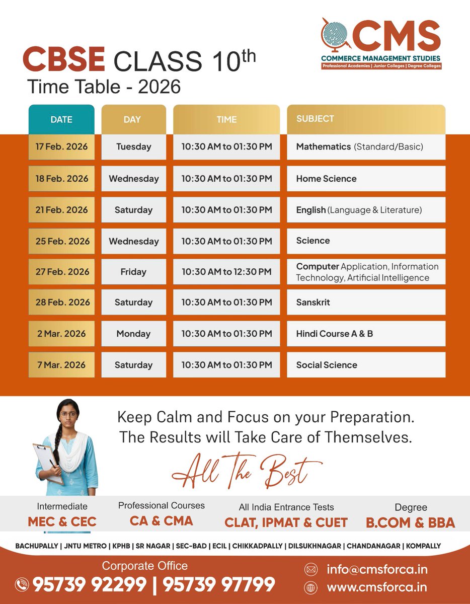 ForCms88459's tweet photo. 📝 CBSE Class 10 Time Table – 2026
📅 Exams: 17 Feb – 7 Mar 2026
⏰ Time: 10:30 AM onwards
Stay calm, revise smart, and trust your preparation.
💐 All the best to all Class 10 students!
#CBSE2026 #Class10 #CBSETimetable https://t.co/7aa43xz3yQ