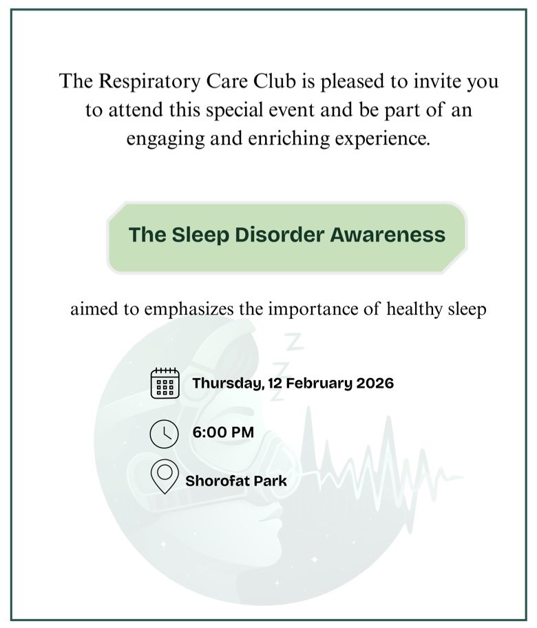 يسرّ النادي الطلابي للرعاية التنفسية دعوتكم لحضور فعالية توعوية بعنوان “التوعية باضطرابات النوم” والتي تسلط الضوء على أهمية صحة النوم وتأثير اضطراباته على جودة الحياة. 

وذلك اليوم في شرفات بارك📍
 عند الساعة السادسة مساءً🕕
#RC_CLUB 
#PSMCHS