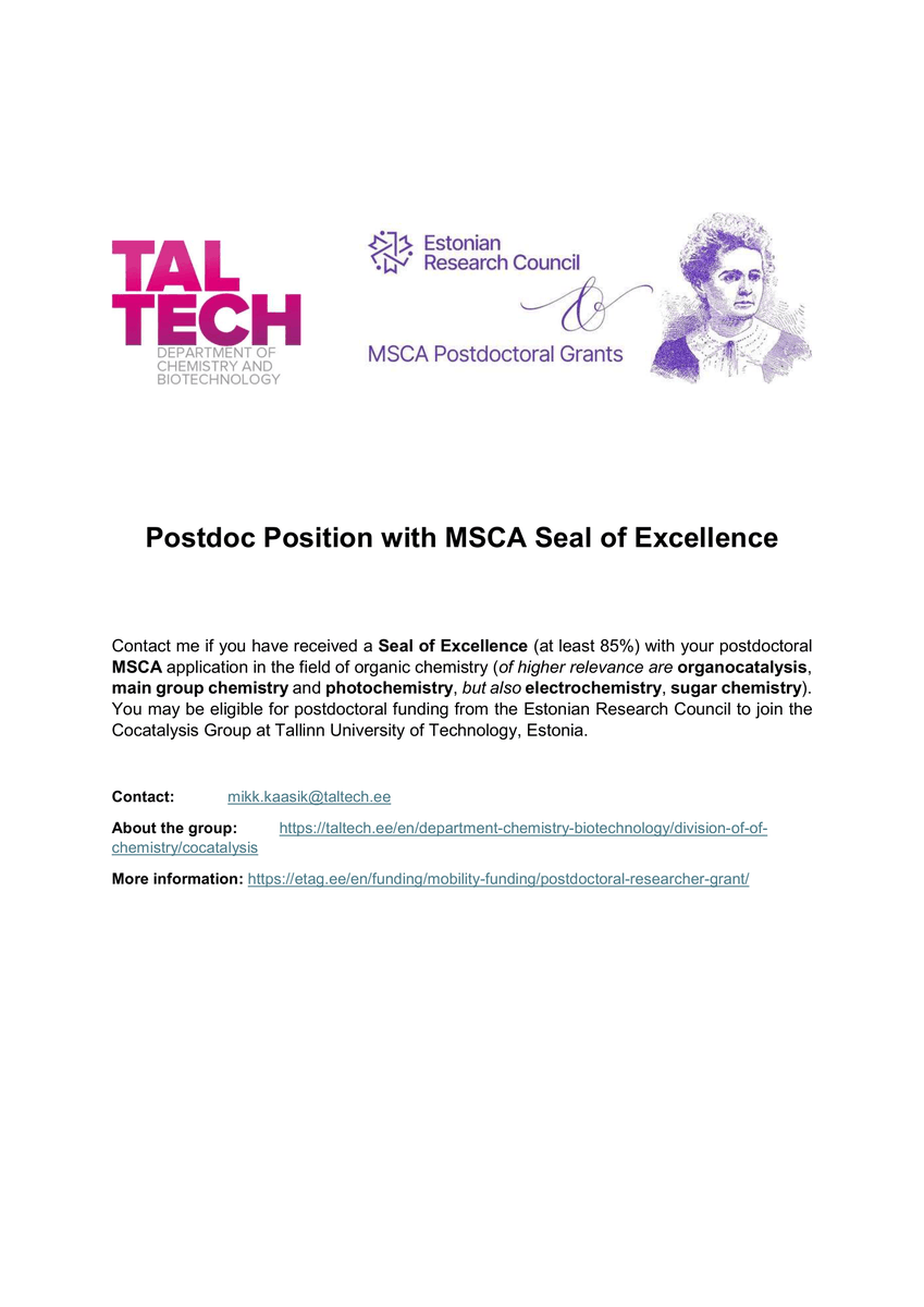 KaasikChem's tweet photo. A unique opportunity for MSCA Seal of Excellence holders! Check it out below👇 and contact me in case of interest at mikk.kaasik@taltech.ee!

#MSCA #Postdoc #TalTech #ResearchOpportunity https://t.co/MItIpUEpOX