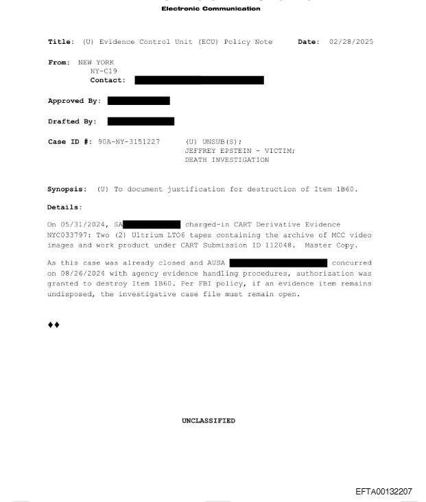 🚨 EPSTEIN JAIL VIDEO: MISSING MINUTE EXPLAINED

Newly released documents show the FBI destroyed the master copy of Jeffrey Epstein’s jail footage in 2024, then later reconstructed it from a separate recording, leading to the infamous 62-second gap.

Seems A.G. Bondi has a lot