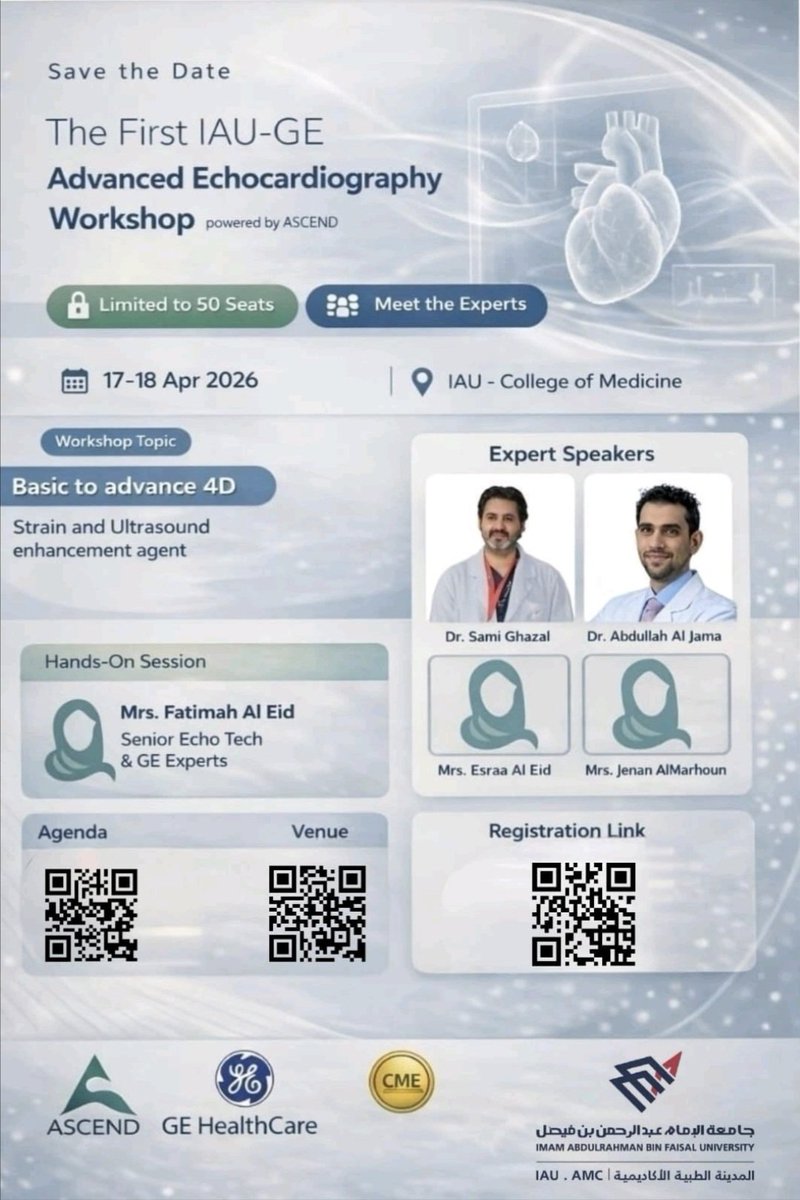 ZakiAlzaher's tweet photo. You should not miss this opportunity !!!!!!
The First IAU-GE Advance Echocardiography Workshop with expert cardiologists and Echocardiographers.
April 17. 2026,
13:00 PM - 17:15 PM          April 18 2026,
8:30 AM - 17:00 PM   

It is designed to enhance participants’ clinical skills and knowledge in advanced echocardiographic techniques, with an emphasis on improving image interpretation and applying findings effectively in clinical practice. 

https://t.co/Bujgd7yvSG