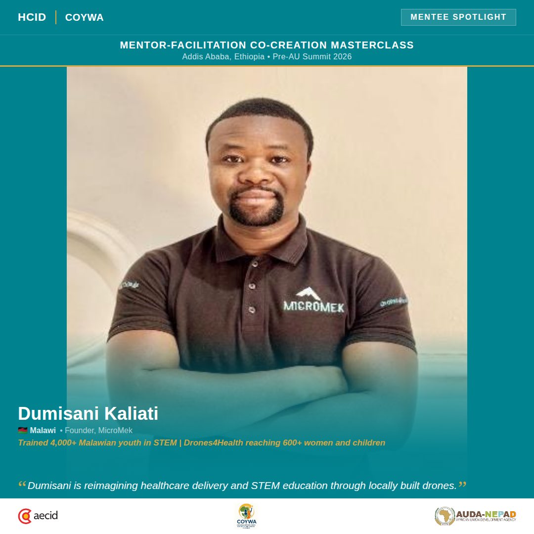8/15 Spotlight 8: Dumisani Kaliati (Malawi) 

Dumisani is reimagining healthcare delivery and STEM education in Malawi. Through MicroMek, he locally builds low-cost autonomous drones from 3D-printed parts and recycled materials, delivering medicine to young children and pregnant