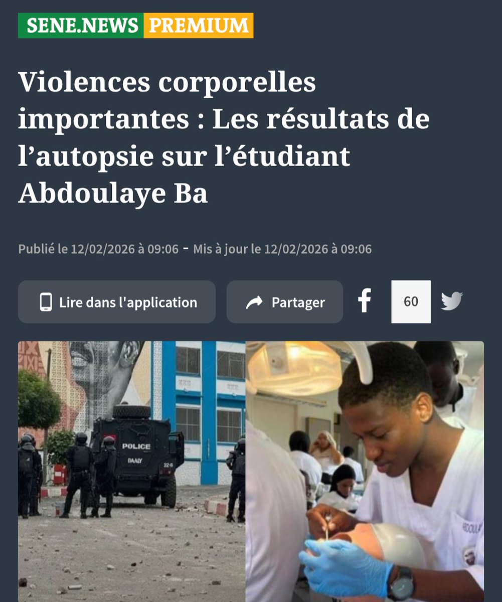 Les résultats de l'autopsie sur Abdoulaye Ba, le jeune étudiant tué par la police 🇸🇳 le 9 février 2026 dans sa chambre à l'Université de Dakar montrent des traumatismes d’une violence extrême. Les FDO se sont acharné sur lui 🧵⤵️

senenews.com/premium/violen…