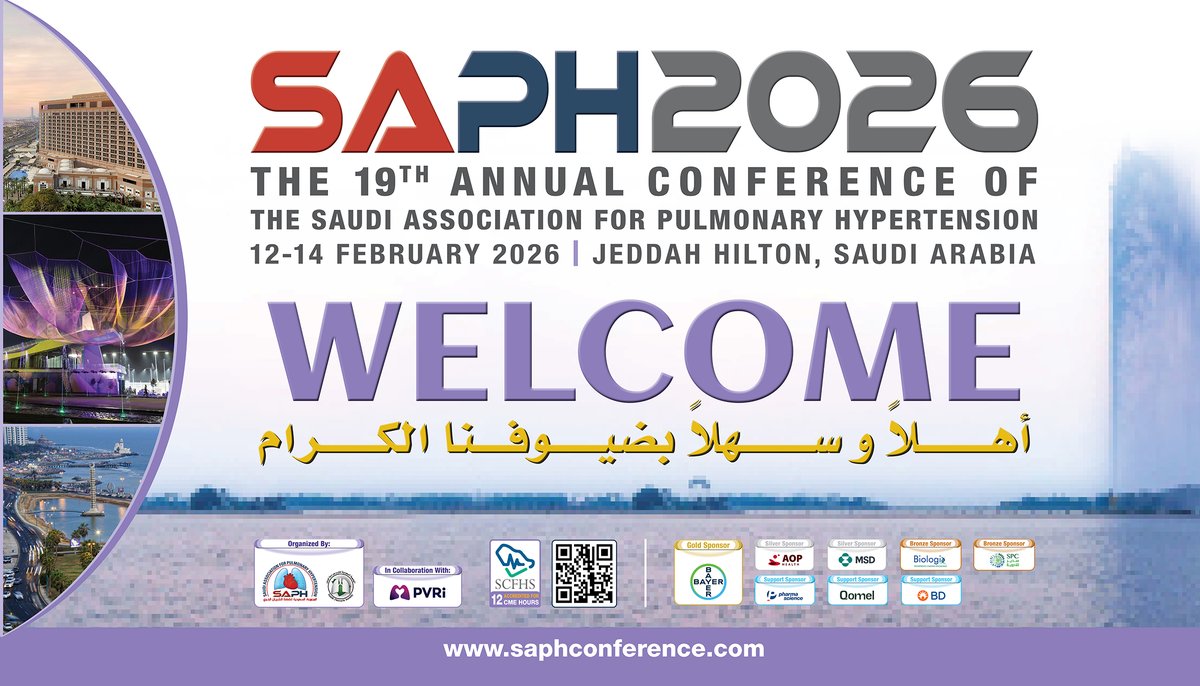 SAPH_NEWS's tweet photo. يشهد هذا اليوم الانطلاق الرسمي للمؤتمر السنوي التاسع عشر للمجموعة السعودية لضغط الشريان الرئوي ٢٠٢٦، والمنعقد في جدة هيلتون، المملكة العربية السعودية.

وعلى مدى ثلاثة أيام، تجمع المجموعة نخبةً من الخبراء والمتخصصين من داخل المملكة وخارجها، بالتعاون مع الشركاء الدوليين، لمناقشة أحدث التطورات العلمية لأمراض الأوعية الرئوية، من خلال برنامج علمي يضم محاضرات علمية، جلسات حوارية، وورش العمل .

ويجسد هذا المؤتمر السنوي المكانة العلمية للمجموعة ودورها الرائد في دعم البحث العلمي، وتعزيز جودة الرعاية المتخصصة، وترسيخ أطر التعاون الدولي في مجال ضغط الشريان الرئوي.

وتتطلع المجموعة إلى مؤتمر علمي ناجح ومثمر يسهم في تعزيز تبادل الخبرات والارتقاء بالممارسة السريرية على المستويين الوطني والدولي.

#المؤتمر_السنوي_التاسع_عشر
#المجموعة_السعودية_لضغط_الشريان_الرئوي