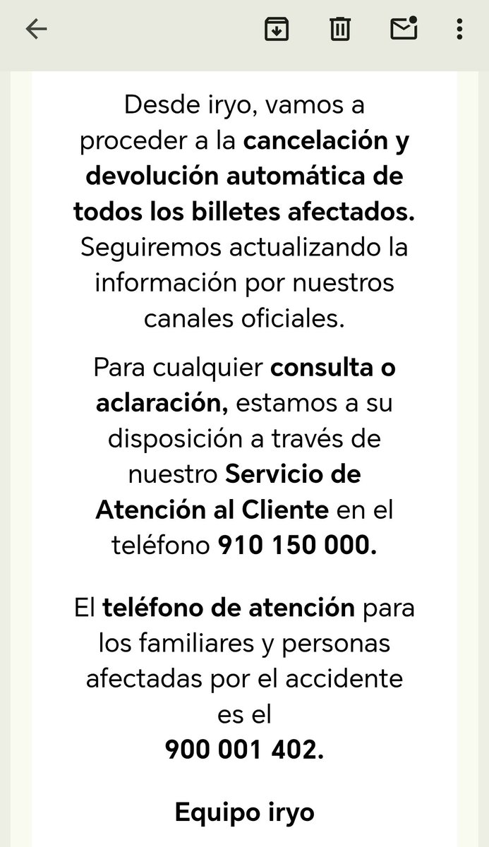 Buenas, <a href="/iryo_eu/">iryo.eu</a>. Realicé la compra de dos billetes para el 13 de febrero a través de Trenes.com e Iryo me ha cancelado el viaje, asegurándome en un correo el reembolso correspondiente. El billete fue comprado antes del 28 de enero. ¿Cómo accedo al reembolso? Gracias