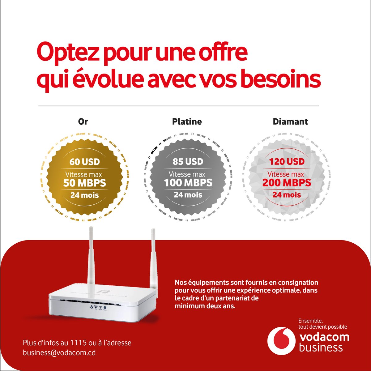Vodacomcongo's tweet photo. Nos équipes sont pleinement engagées et disponibles afin d’assurer à chaque nouveau client un accompagnement personnalisé, conforme aux plus hauts standards de qualité de service.

Avec Vodaflex, vous bénéficiez des avantages suivants : • Installation sans frais 
• Déploiement rapide et efficace 
• Souplesse totale dans vos choix 
• Service client dédié et attentif
Nous sommes prêts à vous connecter. Nous vous invitons à rejoindre Vodaflex dès aujourd’hui.
#VodacomRDC #VodacomBusiness