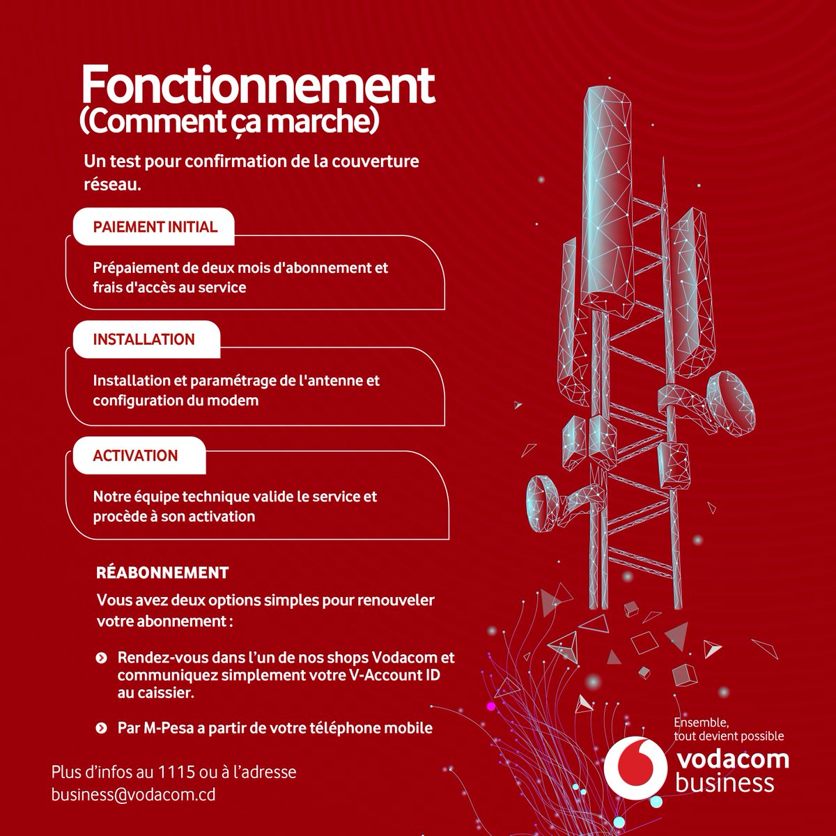Vodacomcongo's tweet photo. Nos équipes sont pleinement engagées et disponibles afin d’assurer à chaque nouveau client un accompagnement personnalisé, conforme aux plus hauts standards de qualité de service.

Avec Vodaflex, vous bénéficiez des avantages suivants : • Installation sans frais 
• Déploiement rapide et efficace 
• Souplesse totale dans vos choix 
• Service client dédié et attentif
Nous sommes prêts à vous connecter. Nous vous invitons à rejoindre Vodaflex dès aujourd’hui.
#VodacomRDC #VodacomBusiness