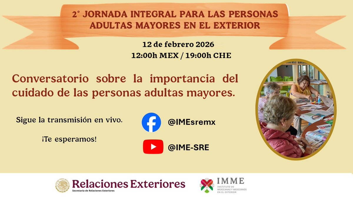 La @embamexche y el <a href="/IME_SRE/">IMME</a>  les invitan al conversatorio virtual “La Importancia del cuidado de las personas adultas mayores” 🧓👵

📅 12 de febrero
⏰ 12:00 hrs (CDMX) 19:00 (CET)
💻Redes del IMME

Facebook: facebook.com/events/9099739…
YouTube: youtube.com/watch?v=8H8VPS…