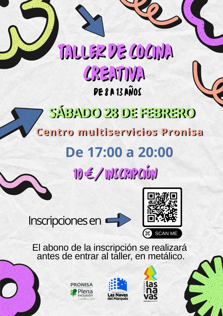 🚀✨ ¡Conecta Las Navas ya está en marcha!

Talleres para peques de 8 a 13 años para crear, experimentar y pasarlo 🔥

👩‍🍳 Primer plan: Taller de Cocina
🗓 28 febrero
⏰ 17:00–20:00
💸 10€
📲 Inscripción en el QR
Puedes apuntarlos taller a taller 🙌
Seguimos contando más… 👀✨