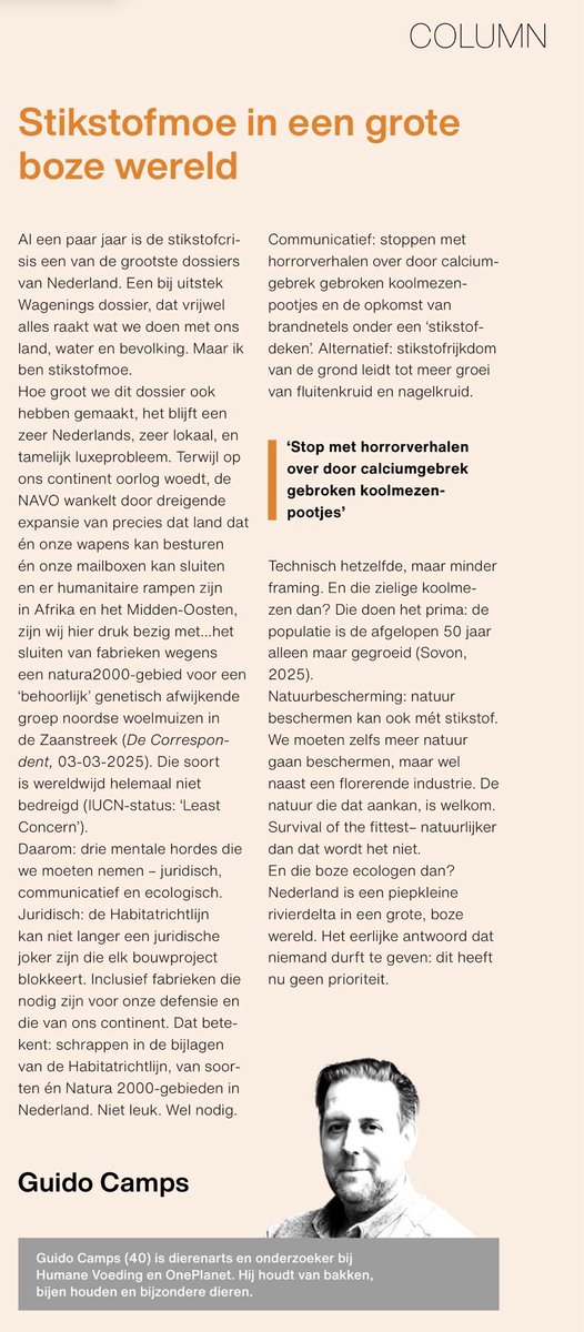 Een nuchtere column van ⁦<a href="/GuidoCamps/">Guido Camps</a>⁩ in het universiteitsblad van de ⁦<a href="/WUR/">Wageningen U&R</a>⁩ van vandaag. Stof tot nadenken, zeker ook voor de nieuwe minister van ⁦<a href="/minlvvn/">Ministerie van LVVN</a>⁩ ⁦<a href="/VanEssenJaimi/">Jaimi van Essen</a>⁩.