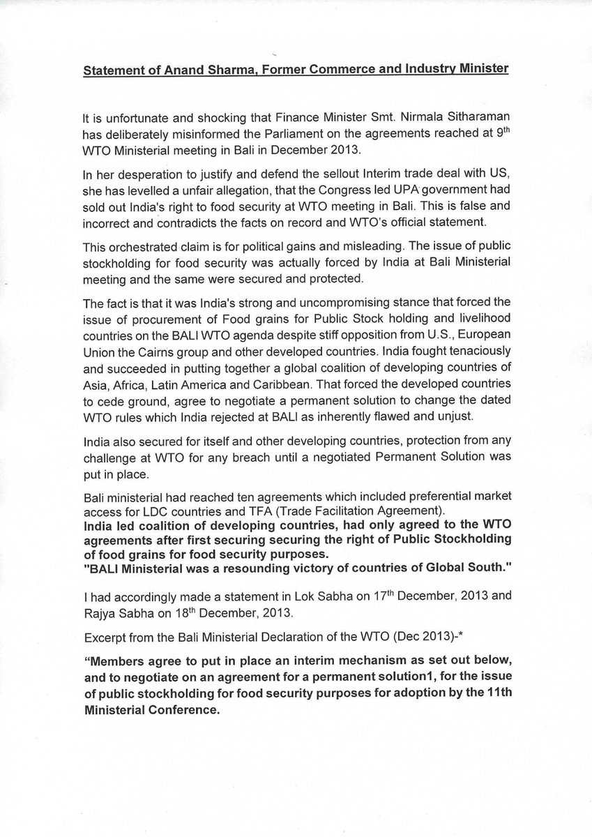 AnandSharmaINC's tweet photo. Statement by Shri Anand Sharma, Former Commerce and Industry Minister, on WTO. https://t.co/OwFEfGxx3h