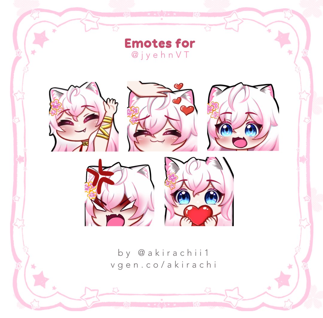 ╰┈➤ˎˊ custom emotes and sub badges commission for @/jyehnVT
tysm for your request! ⸜(｡˃ ᵕ ˂ )⸝♡\

 ♡ and ↻ are appreciated!
#VGenComms #VTuberAssets