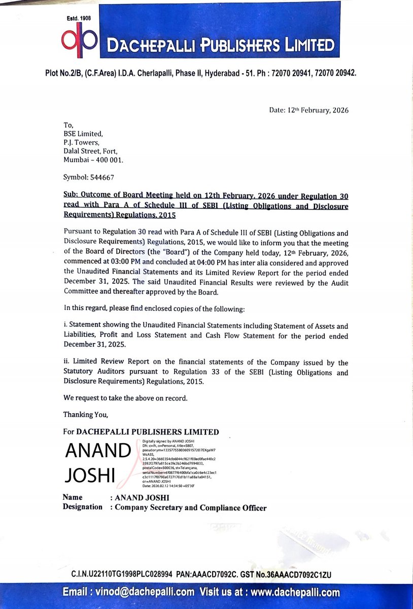 nileshkurhade's tweet image. 📌 Dachepalli Publishers Ltd informed the exchange about its approval for the financial results for the period ended December 31, 2025. #SME #DACHEPALLI 📄🧾