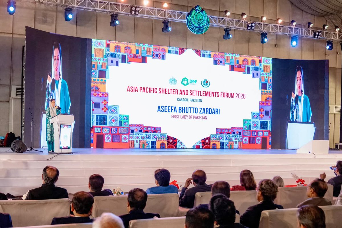 rashidalipsf's tweet photo. First Lady Aseefa Bhutto Zardari addresses the Opening Ceremony of Asia-Pacific Shelter &amp; Settlement Forum 2026 today in Karachi.

#SindhPeoplesHousing

Read More: https://t.co/CZLDRWsVbO
@BBhuttoZardari @AseefaBZ @BakhtawarBZ @MediaCellPPP https://t.co/tWZMrXu7oM