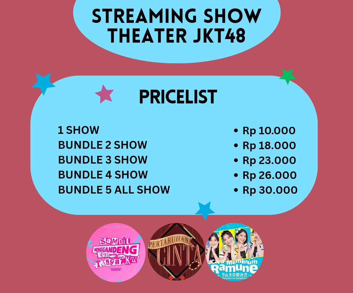 northbanz's tweet photo. WTS STREAMING SHOW THEATER JKT48

- 1 show = 10k

Beli bundle lebih murah❗️

🗓 Te Wo Tsunaginagara | Kamis
🗓 Pertaruhan Cinta | Jumat
🗓 Te Wo Tsunaginagara | Sabtu
🗓 Pertaruhan Cinta | Minggu
🎂 sts Freya
🗓 Ramune no Nomikata | Senin
🎂 sts Trisha

#wts #wtb #zonauang https://t.co/MToKj44H8a