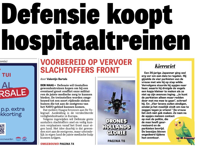 Defensie koopt 25 tot 50 treinstellen. Men verwacht straks 1500 gewonden per dag. De doden niet meegerekend. En dat voor een oorlog die niet gaat komen. Maar ja budget zat hè.