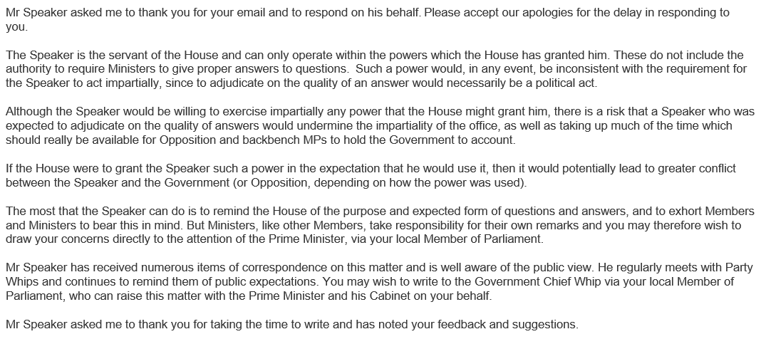 Disappointing response from the Speaker.