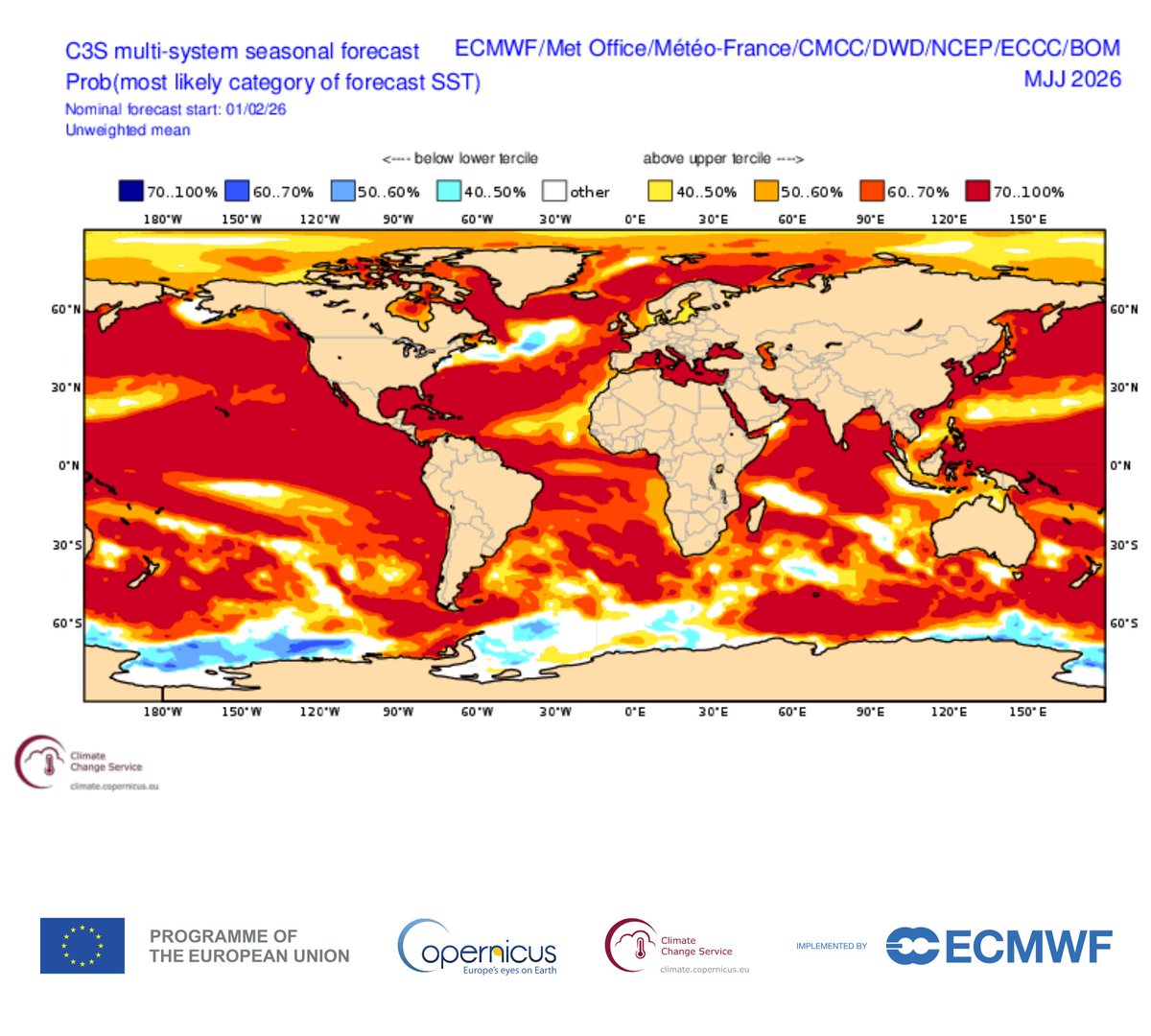 Preocupante proyección.

Una serie de modelos proyecta un calentamiento generalizado de los océanos para el trimestre mayo-junio-julio, donde El Niño ya estaría dominando el océano Pacífico.
Bajo este escenario, los eventos extremos se volverán más habituales y Chile no estará