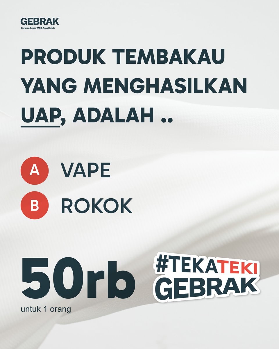 Buka HP sambil rebahan, #TEKATEKIGEBRAK kasih pertanyaan..
Yang sore-sore mau dapet cuan, buruan ikutan!
Ada hadiah e-wallet total senilai Rp50.000 untuk 1 orang pemenang!
#GEBRAK101 #GerakanBebasTARdanAsapRokok #GEBRAK #TEKATEKIGEBRAK #quiztime #infokuis #giveawayalert