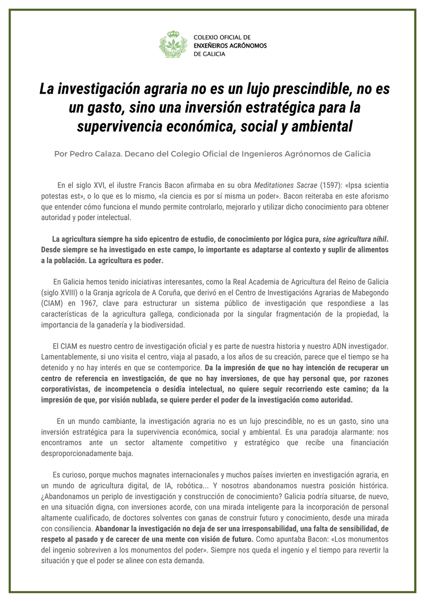 📰 <a href="/pedro_calaza/">Pedro Calaza</a>, decano de <a href="/galiciagronomos/">Agrónomos de Galicia</a>, reivindica, en un artículo publicado en <a href="/lavozdegalicia/">La Voz de Galicia</a>, la importancia del CIAM Abegondo en la investigación agraria.

🔬 Lamenta el abandono en el que se encuentra el centro y pide más inversión para revertir esta situación.