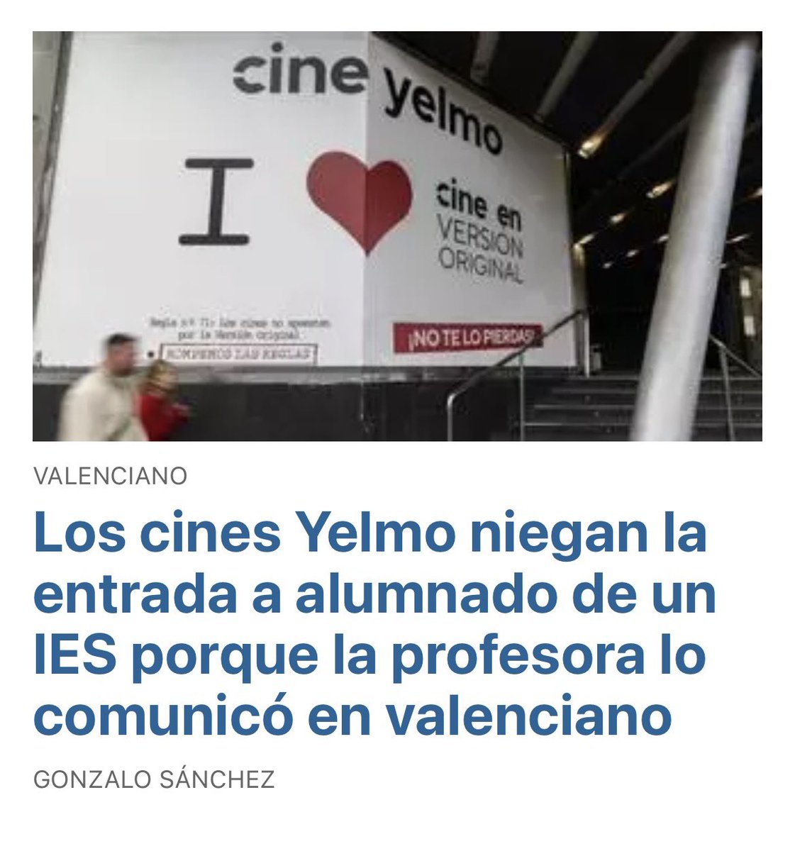 Lo que no cuenta la noticia es que la profesora exigió a los cines Yelmo ver la película en V.O. es decir en Valenciano Obligatorio