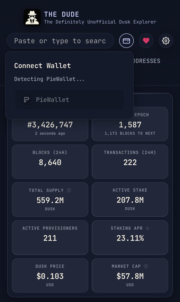 🥧 PieWallet x The Dude 🕵️

You can now connect PieWallet directly to duskexplorer.com!

Explore blocks, transactions, provisioners stats &amp; more — all with your PieWallet connected.

The Dusk ecosystem keeps growing. 🚀
