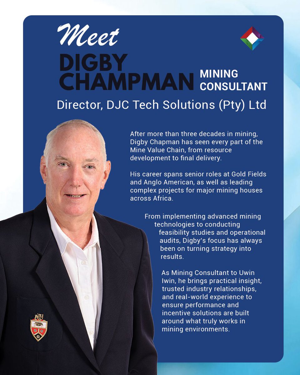 UwinIwinINT's tweet image. Meet Digby Chapman, Uwin Iwin’s Mining Consultant. With 30+ years across the Mine Value Chain, including leadership at Gold Fields and Anglo American, he brings deep operational insight to boost site productivity and accountability. #MiningExcellence #UwinIwin