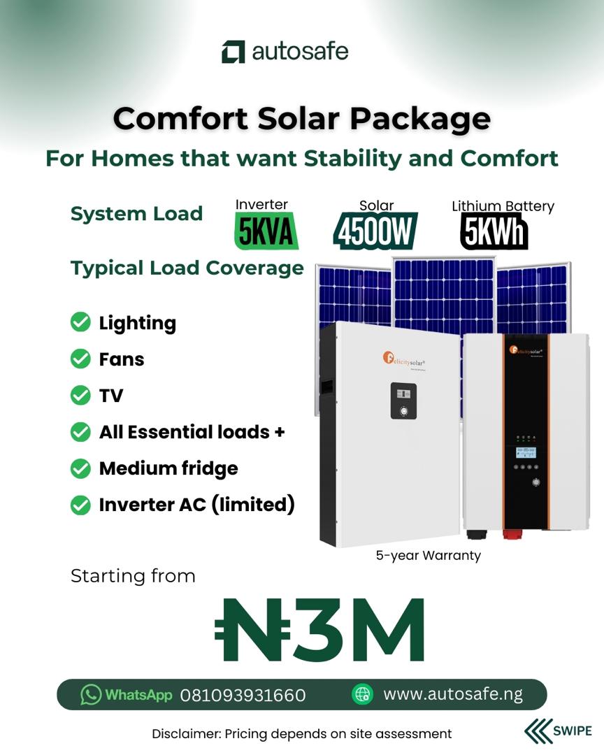autosafe_ng's tweet photo. Introducing Autosafe Solar Packages 📦☀️

Built around real energy needs....... from light to heavy loads. Each package clearly shows what it powers, runtime, and cost, so you can choose with confidence.
Transparent pricing. Professional installation. Expert guidance.

👉 Swipe to compare load capacity, coverage & pricing.

Final pricing subject to detailed site inspection & energy assessment.
#Solar #RenewableEnergy #Autosafe