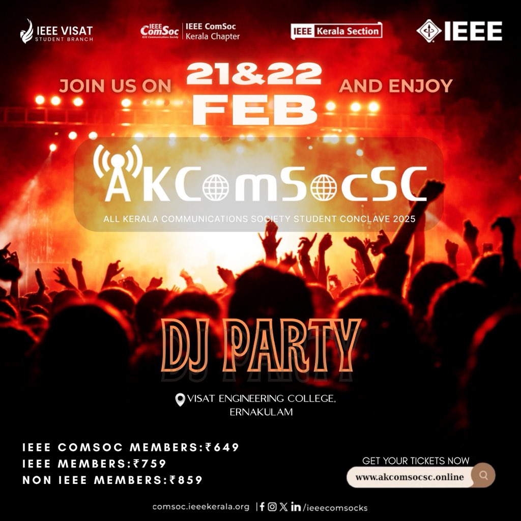 ieeecomsocks's tweet photo. 🔥 DJ NIGHT 🔥

AkComSocSC’25 Special 💙

📍 Venue: VISAT
📅 Dates: February 21–22, 2026

Get ready for a night full of energy and good vibes.
Don’t miss it!

🔗 Register now: https://t.co/ww7WTiGpMJ

#AkComSocSC2025 #IEEEComSocKC #IEEE #DJNight https://t.co/WZr8kCAiR1