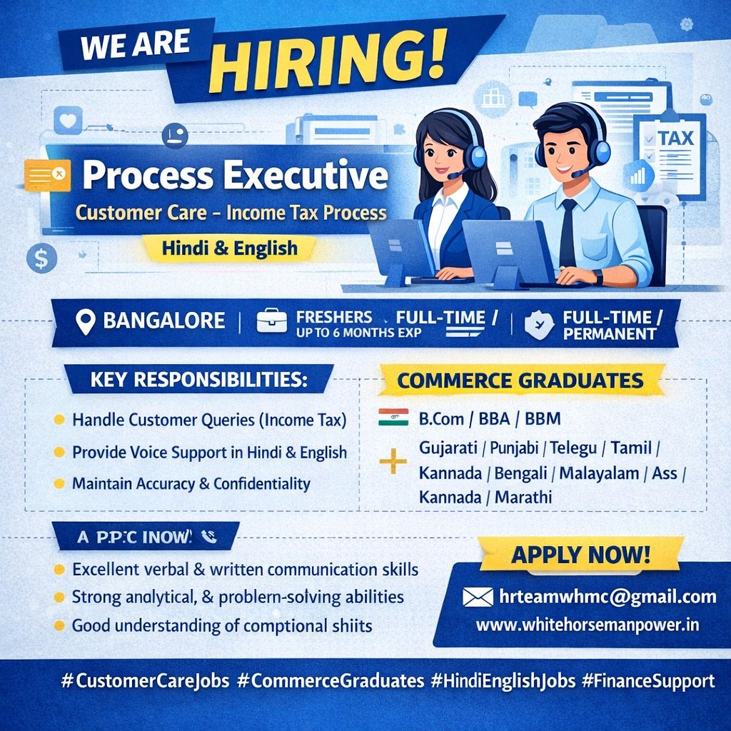 whitehorsemanpo's tweet photo. #CustomerCareJobs #IncomeTaxProcess #BComJobs #BBAJobs #CommerceGraduates #whitehorsemanpower #nowhiring https://t.co/KJbJ1teD2b