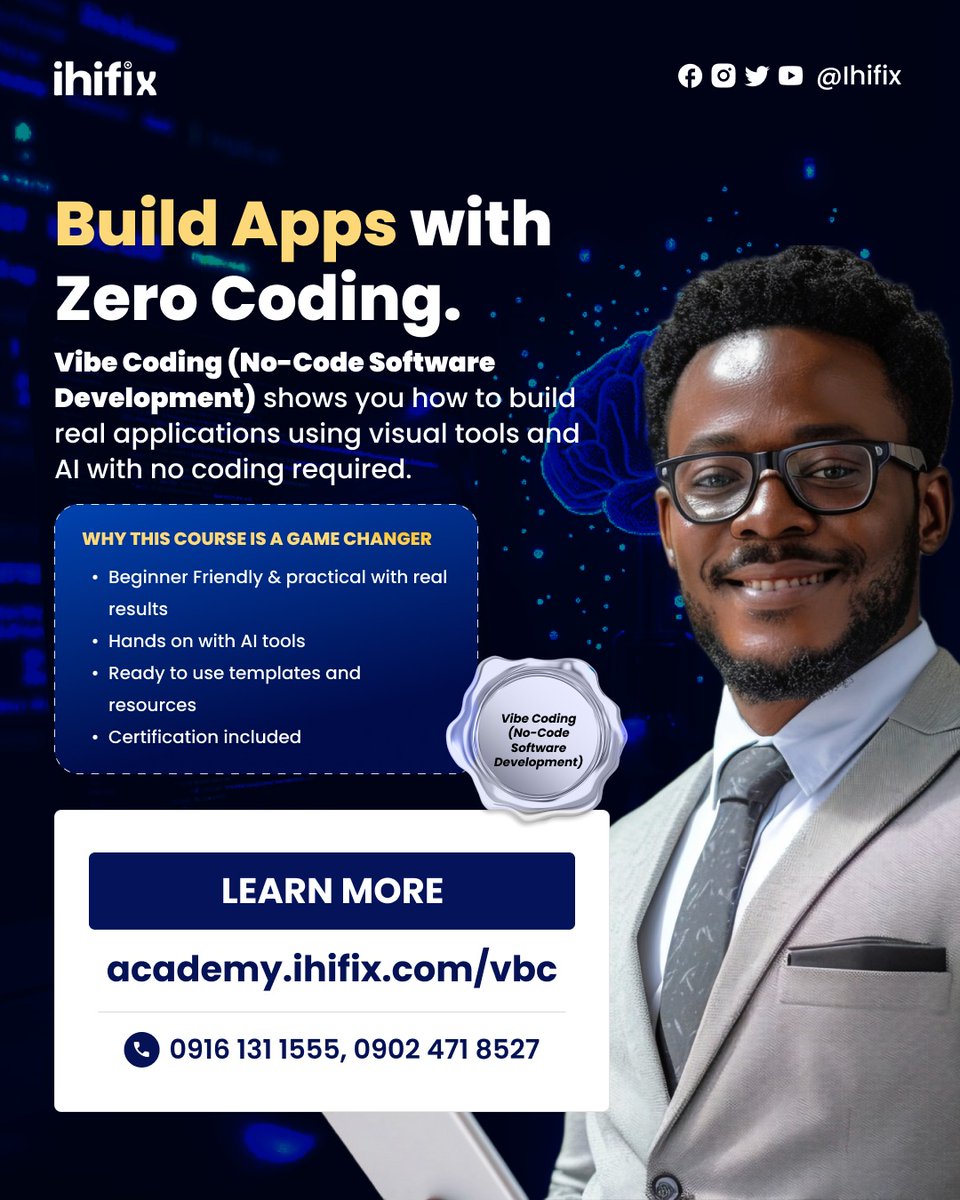Coding is changing. 
You no longer need 5 years of programming experience to build digital products.

With AI + Vibe Coding, you can: Build tools, automate workflows, launch MVPs, create apps faster with no coding required 

Click the link to learn more academy.ihifix.com/vbc