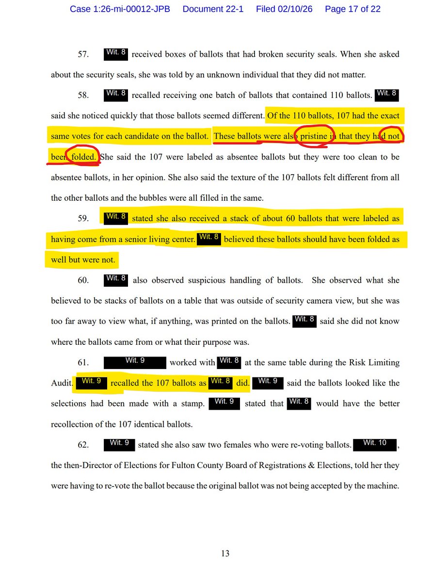 프리스틴(pristine)한 부재자 투표지.

2020 미 대선 '증인 3(Wit.3)'의 증언 중 일부:
“there is no reason to have a pristine absentee ballot with no folds.” 
“접힌 흔적이 전혀 없는 프리스틴 부재자 투표지가 존재할 이유는 없다.”

참고) pristine의 의미: 깨끗한, 아무 흔적이 없는

---