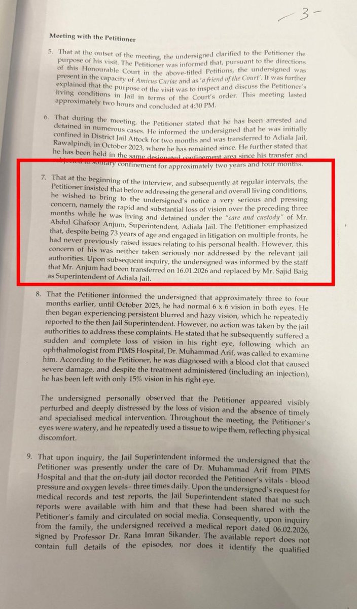 The report itself mentions rapid vision loss, visible distress, lack of full medical transparency, and restricted independent access. These aren’t social media claims. They are documented concerns.

Under Asim Munir’s watch, a former Prime Minister in state custody is dealing