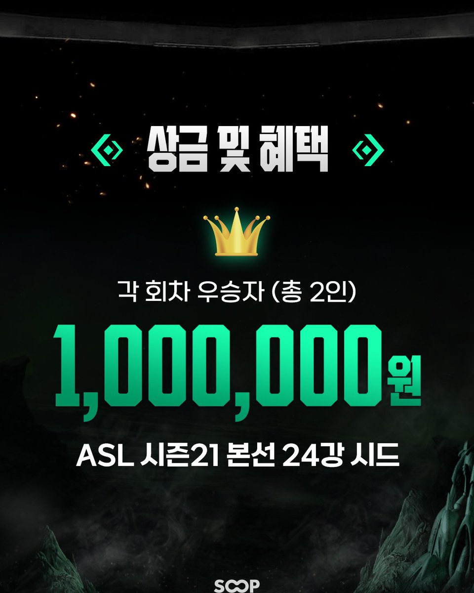 soopesports's tweet photo. ASL의 새로운 시작, ASL 시즌 오픈 ✨

2026년, 새로운 방식의 대회인 ASL 시즌오픈이 찾아옵니다!
 누구나 참가할 수 있는 원데이 토너먼트,
 단 하루 안에 결승까지 이어지는 짜릿한 승부가 펼쳐집니다. 🔥
각 회차 최종 우승자 총 2인에게는
 상금과 함께 차기 ASL 본선 24강 진출권까지!
지금 바로 도전하고, 새로운 역사의 주인공이 되어보세요.
 ASL 시즌 오픈, 여러분의 많은 관심과 참여를 기다립니다! 💫

📌 참가 신청
2월 11일(수) ~ 2월 18일(수) 23:59
📺 생방송 일정
1일차 : 2월 21일(토) 낮 12시
2일차 : 2월 28일(토) 낮 12시

🔗 대회 상세 안내 : https://t.co/1yBIl3ZoJY
#ASL #스타 #스타크래프트 #SOOP #숲 #주식회사숲 #e스포츠 #시즌오픈