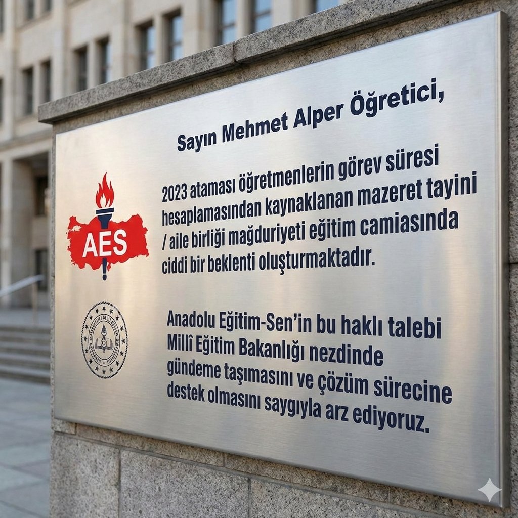 Sayın <a href="/alper_ogretici/">Mehmet Alper ÖĞRETİCİ</a> ,
2023 ataması öğretmenlerin görev süresi hesaplamasından kaynaklanan mazeret tayini / aile birliği mağduriyeti eğitim camiasında ciddi bir beklenti oluşturmaktadır.
<a href="/anadoluaes/">Anadolu Eğitim-Sen</a> ’in bu haklı talebi Millî Eğitim Bakanlığı nezdinde gündeme taşımasını ve çözüm