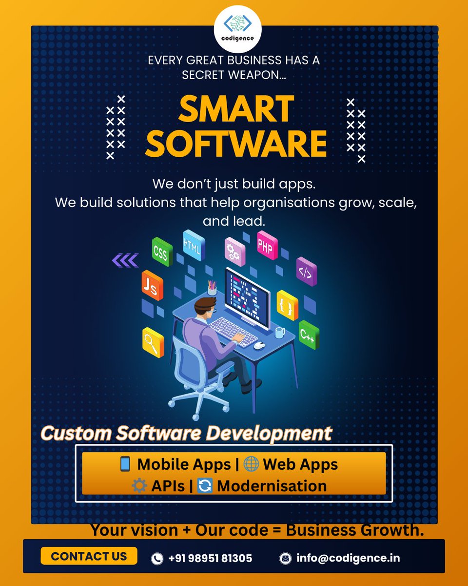 Codigence's tweet photo. Big ideas need powerful software. 
We build custom digital solutions that help businesses thrive.
Web. Mobile. APIs. Modernisation.
Everything tailored. Everything scalable.
📩 Let’s grow together.
info@codigence.in, 
+91 98951 81305
#SoftwareThatWorks #BusinessTech #codigence https://t.co/50rHBDleJi