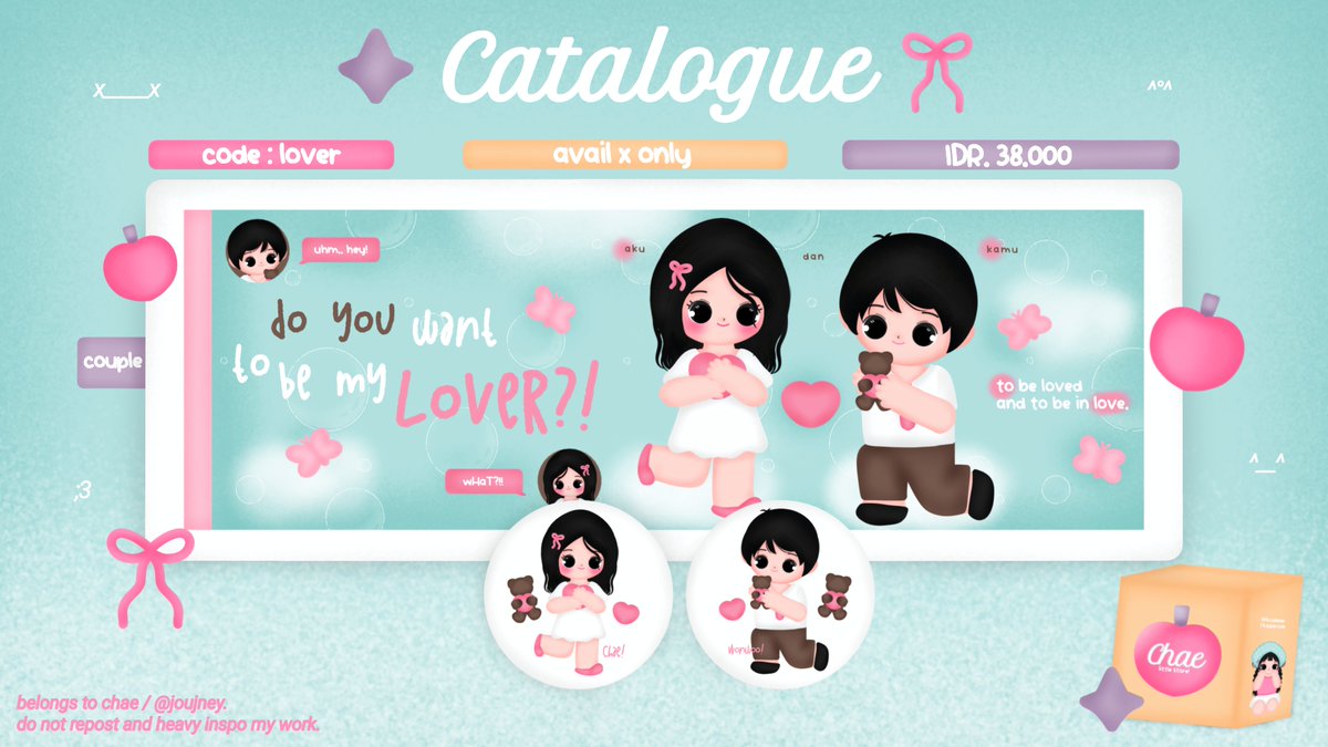 Any interaction will be appreciated, tia 😆💗

🫧🌫️💗 aLohA!~ Chae open titipan untuk katalog couple 'LOVER' dengan harga khusus special valentine, only 35k >____< silakan cek ALT dan scroll untuk titip! :3