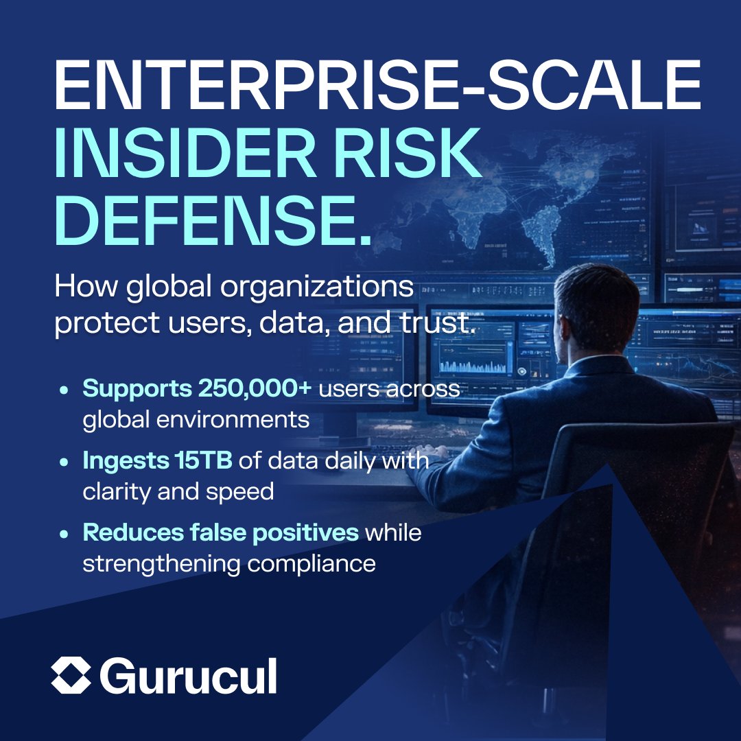 Gurucul's tweet photo. Fortune 50 bank → 15TB/day ingestion &amp; unified insider risk detection across 250K users.

Gurucul IRM made it possible.

Read how: https://t.co/CGF9LiTch3..

#CyberSecurity #AIinSecurity #Gurucul #NextGenSIEM #DataOptimization https://t.co/s8hRvs2V5K